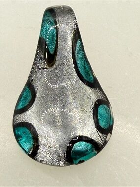 Teardrop Murano style retro vintage Glass Pendant Silver metallic & Teal charm